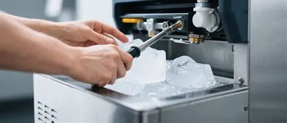 Nettoyage d'une machine à glace commerciale, cubes de glace au premier plan