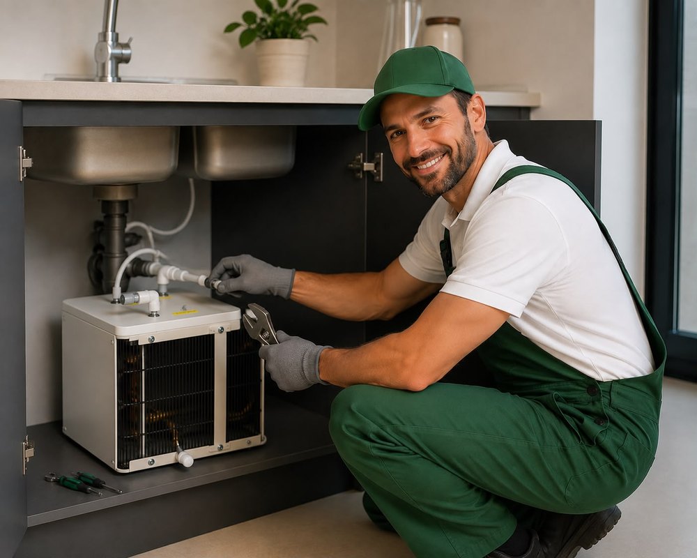 Technicien P2O entretenant un refroidisseur d'eau sous évier