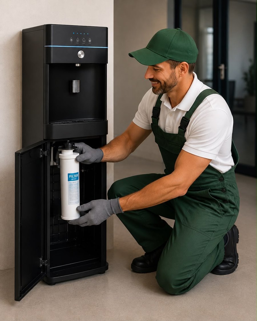 Technicien P2O remplaçant la cartouche filtrante d'un distributeur d'eau